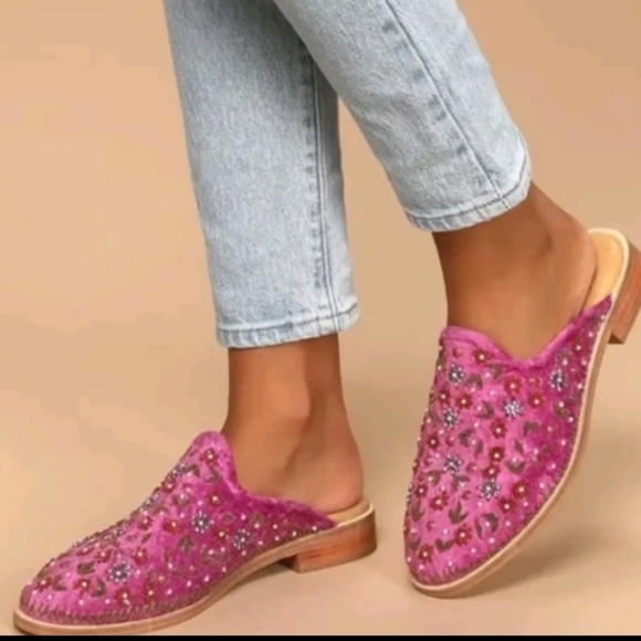 Free People Cosmic Pink Magenta Dancing Queen Velvet Beaded Loafer Mules 38 EU - Picture 2 of 6